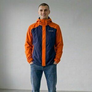 Columbia Omni-Tech Orange Blue Midweight Hooded Windbreaker Jacket Men's XL